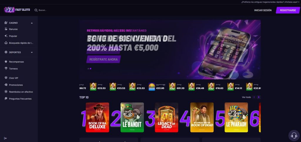 Captura de pantalla de la página de inicio de 777 Fast Slots con un banner que promociona un bono de bienvenida: 200% hasta €5,000, 50 free spins y 10% de cashback semanal.