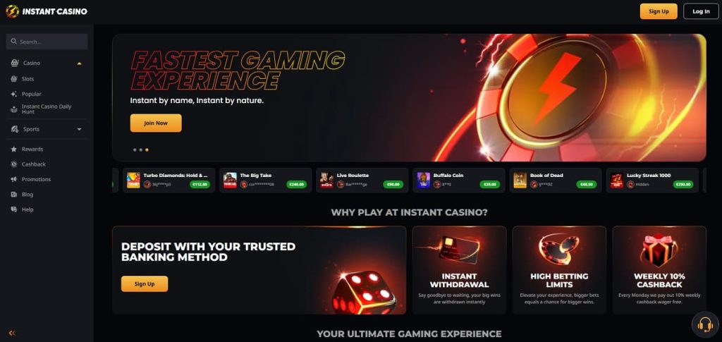 Captura de pantalla de la página de inicio de Instant Casino con un banner de colaboración con el club de fútbol Juventus y una selección de juegos de casino como Chaos Crew 2.